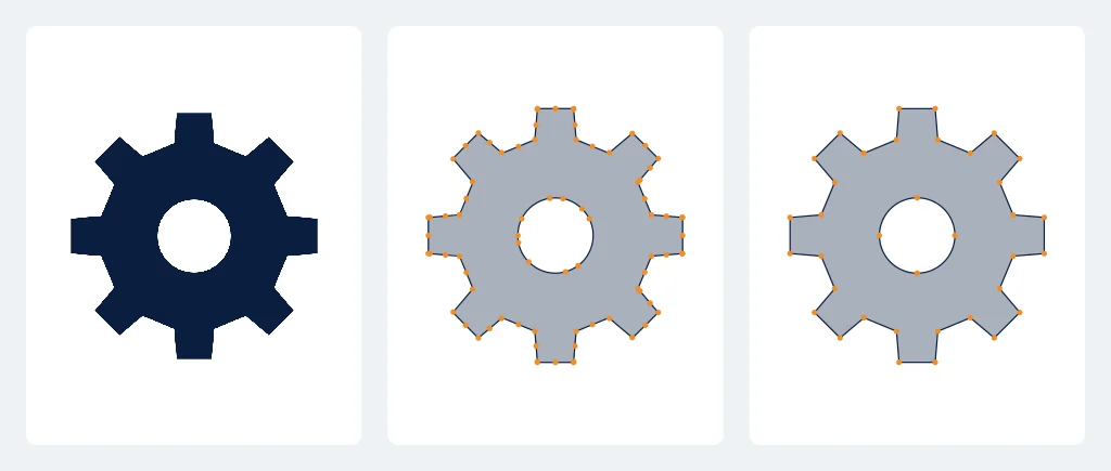 Drei Felder mit einem marineblauen Zahnrad: das saubere PNG, die Nachzeichnung von Potrace mit orange markierten Knoten und der Referenzvektor mit weniger Knoten