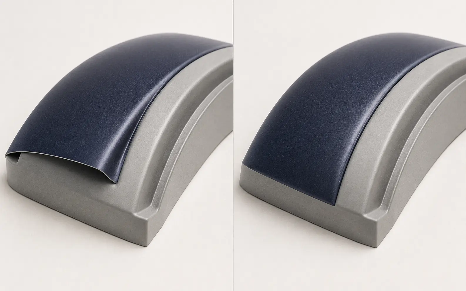 Calendered vinyl bridges and lifts over a curve; cast vinyl conforms