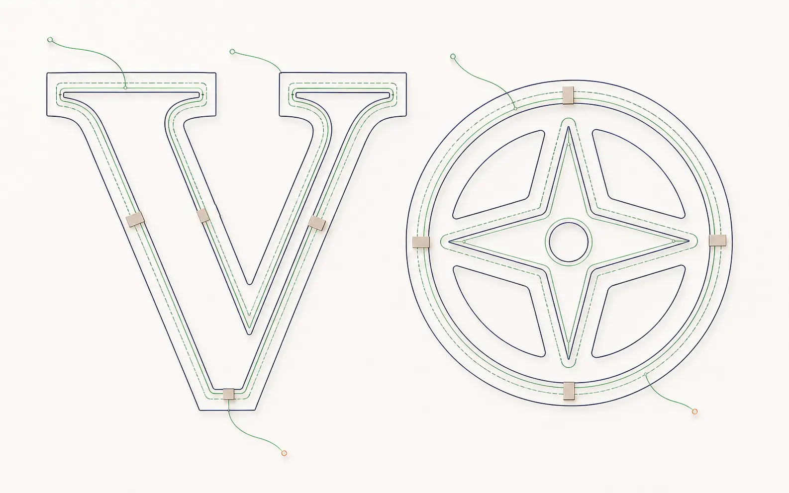 Kerf-compensated cut paths with bridge tabs, lead-in arcs, and operation layers on a DXF