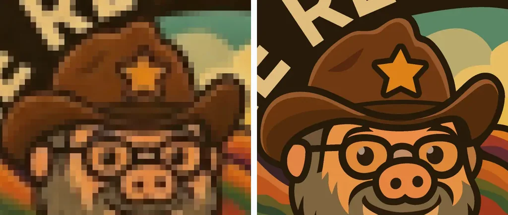 Dasselbe Schweine-Maskottchen mit Cowboyhut zweimal eng beschnitten: links klobige, verschwommene Pixel, rechts saubere Vektorformen