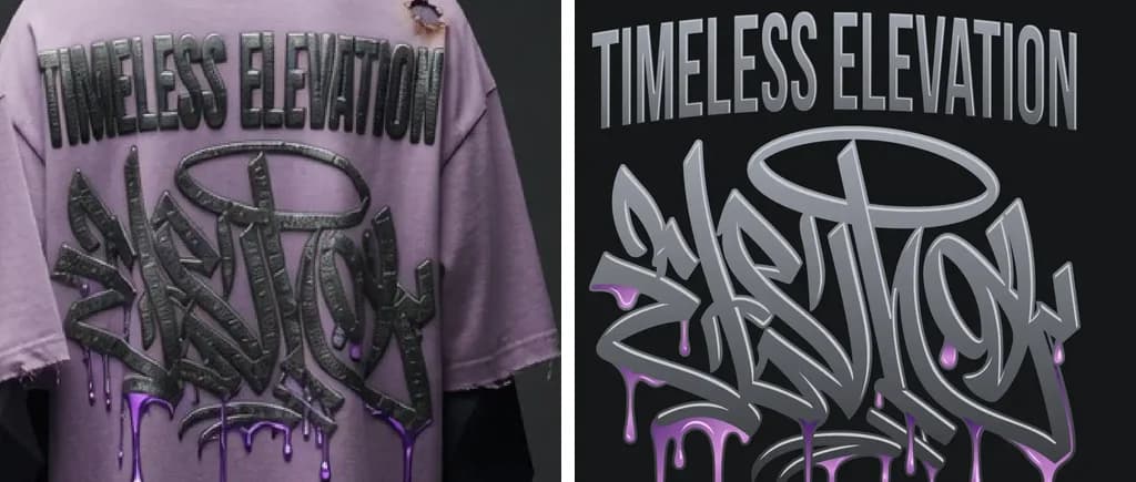 The Timeless Elevation graffiti logo on the back of a creased lilac shirt on a mannequin, beside the same logo redrawn as vector on black