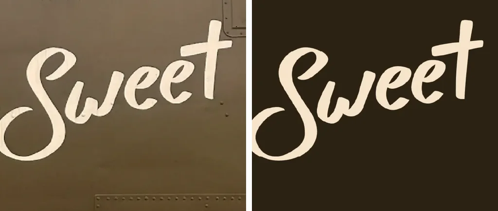 The cream script word Sweet photographed on an olive riveted metal panel, beside the same word redrawn as flat vector on a dark brown ground