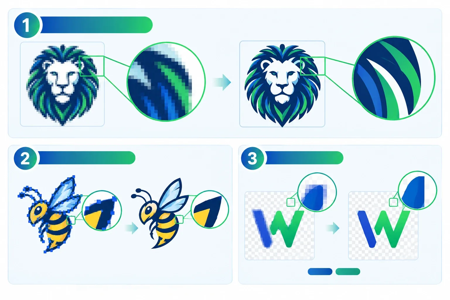 Avant et après : un logo PNG pixellisé reconstruit en tracés vectoriels, les points d'ancrage superflus réduits et les bords flous redessinés nets