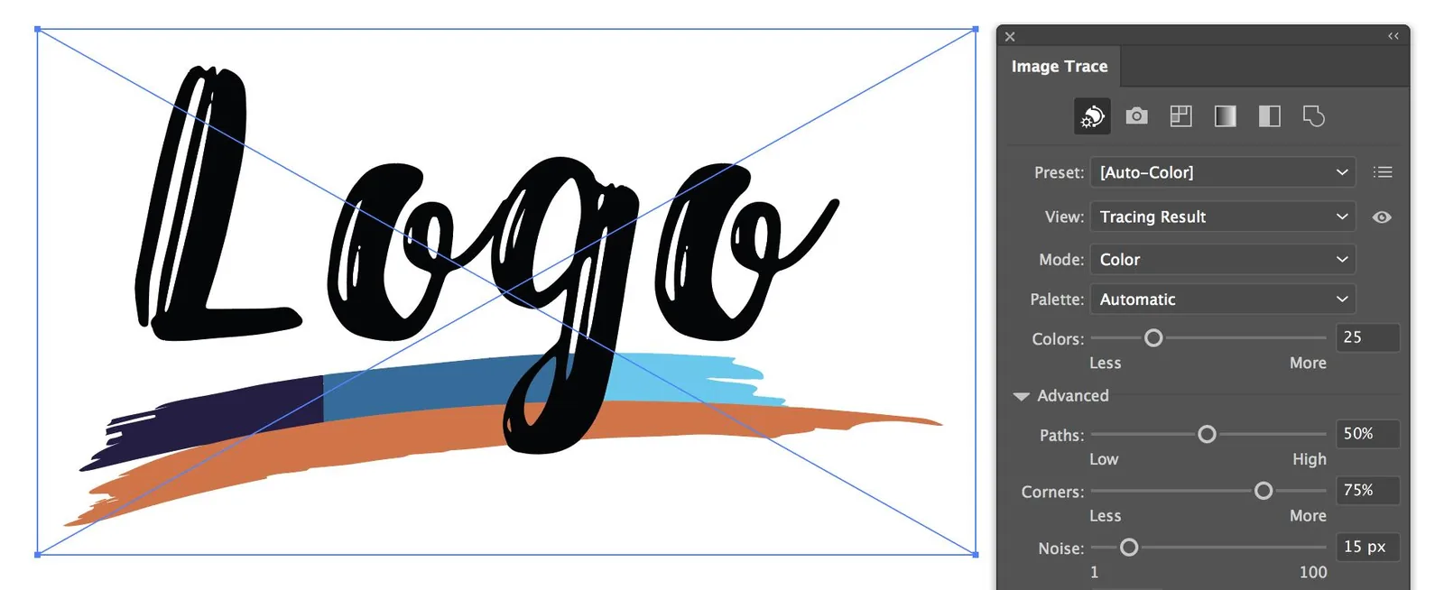 Panneau Vectorisation dynamique d'Adobe Illustrator affichant les réglages de paramètre prédéfini, mode, palette, couleurs, tracés, angles et bruit pendant la vectorisation d'un logo
