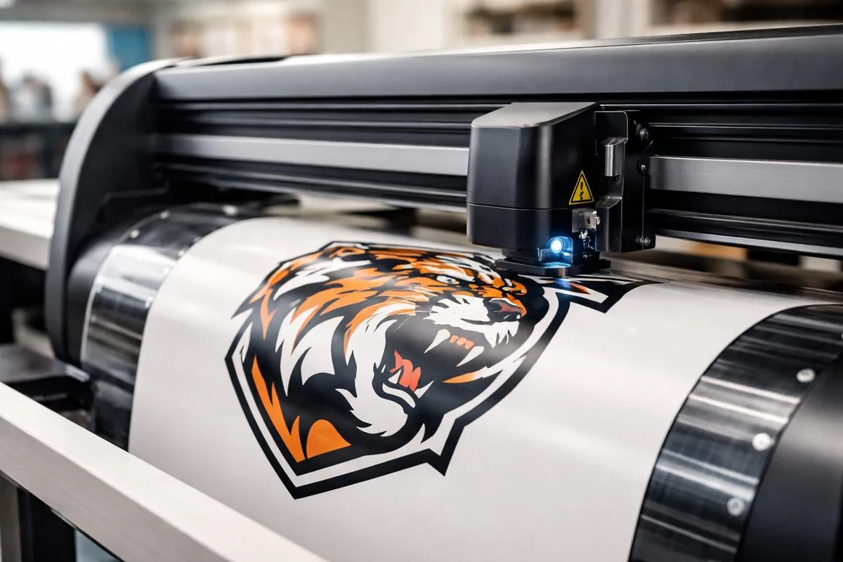 Traceur de découpe découpant dans du vinyle blanc un logo vectoriel de mascotte, la lame suivant des tracés de contour fermés
