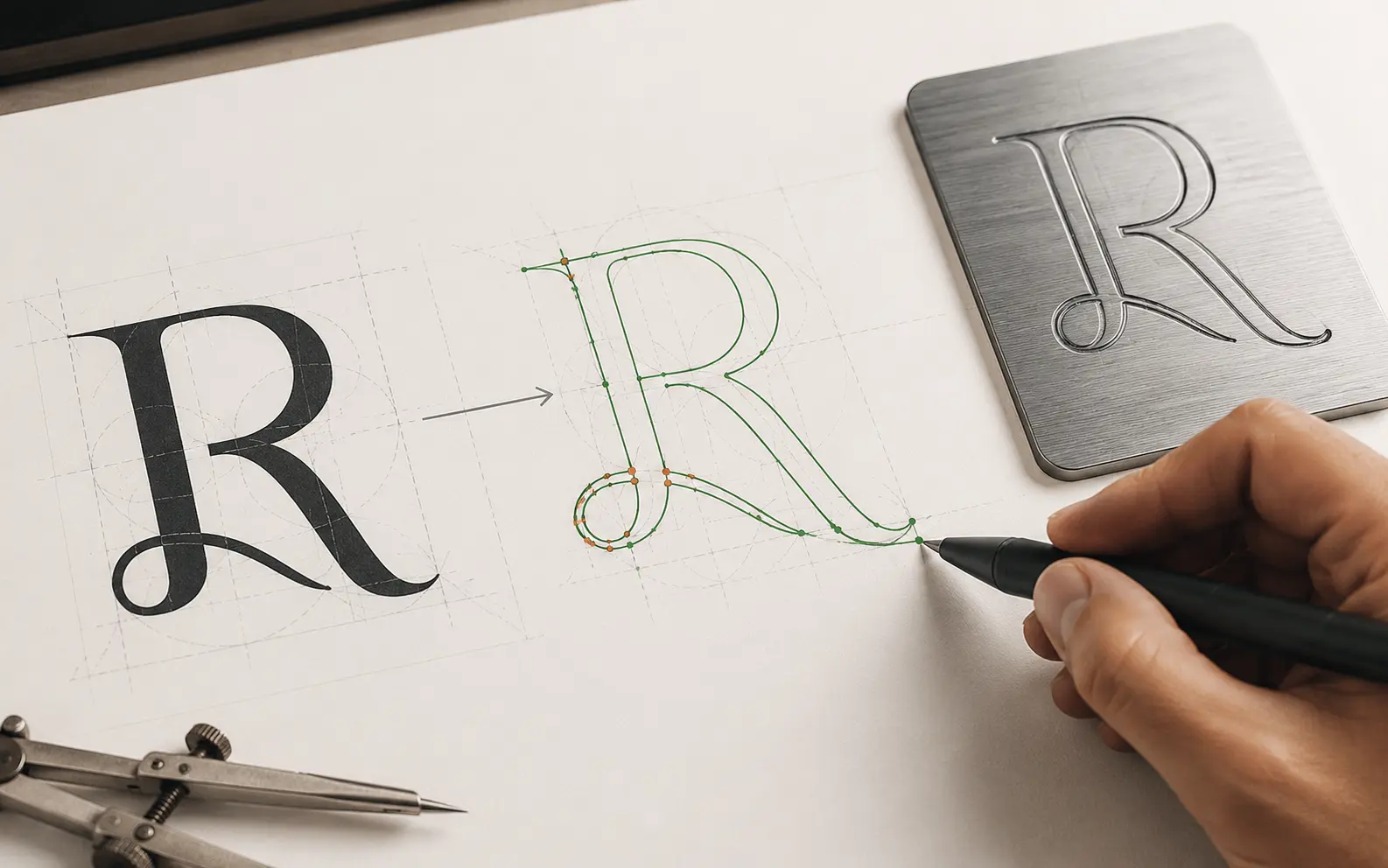 A filled letter redrawn as single-line centerline paths, then engraved on brass