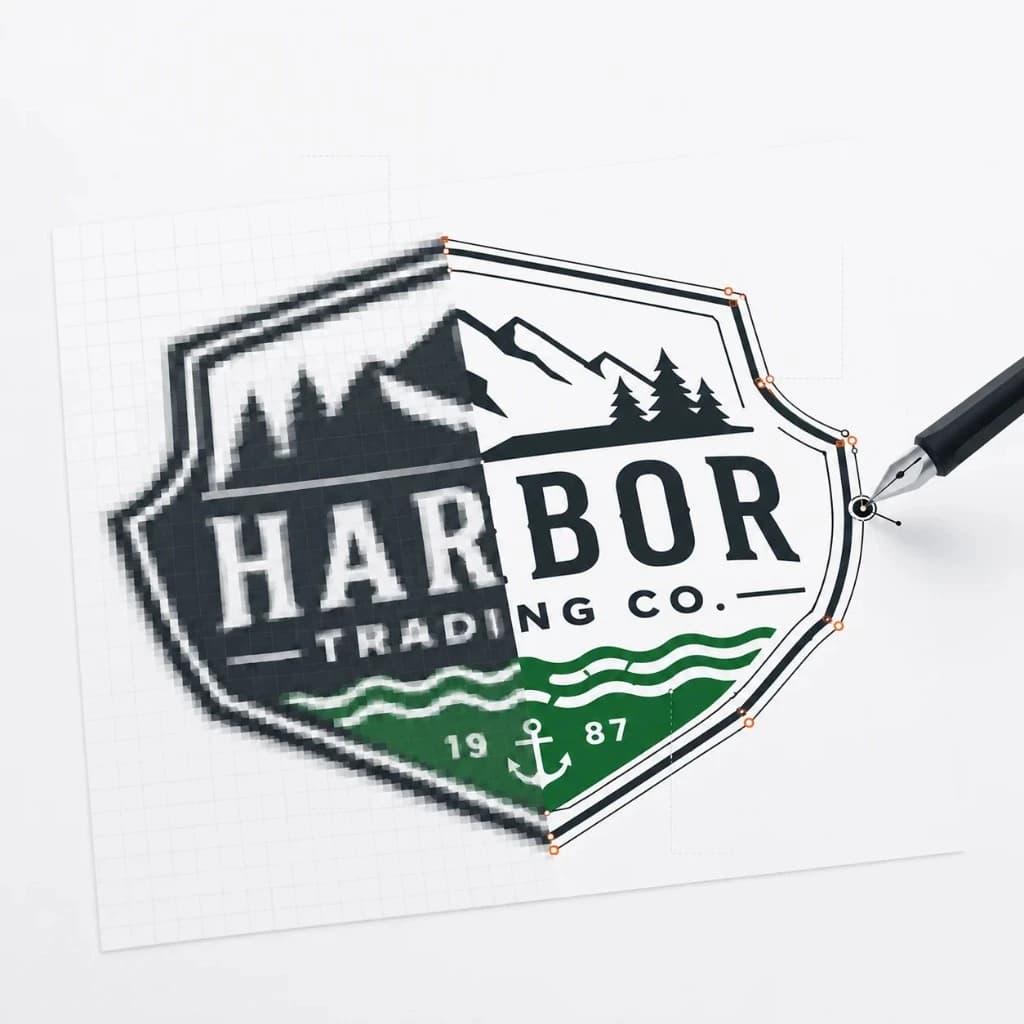 Harbor Trading Co. logo redrawn from raster to vector — closed paths, outlined type, layered colors, and production file formats