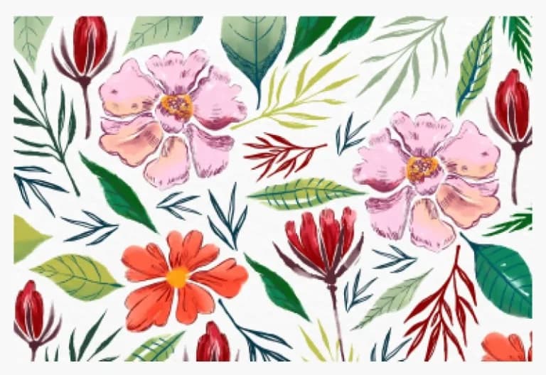 Motif floral botanique à l'aquarelle, avec fleurs roses et feuilles mêlées