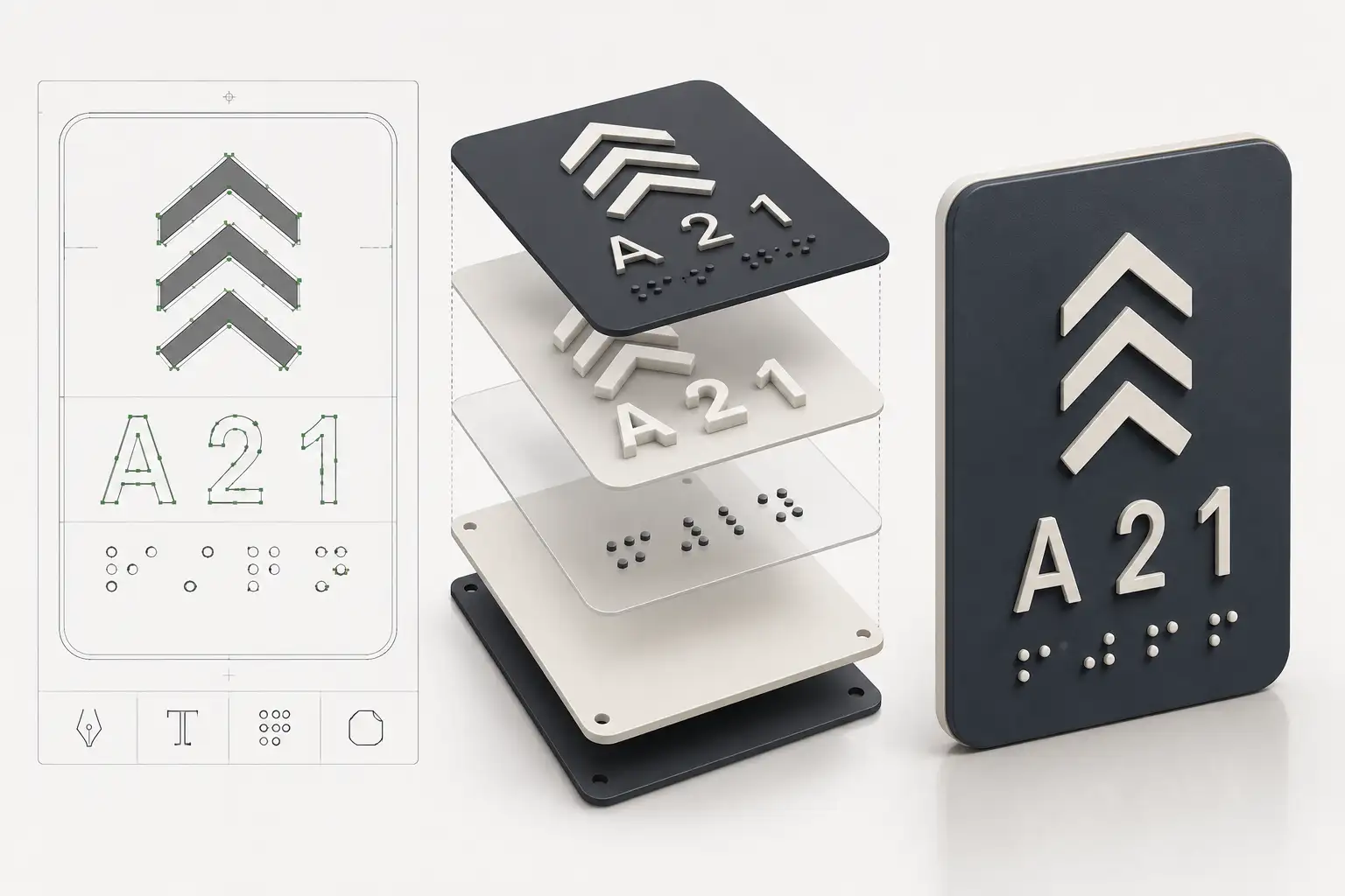 An ADA tactile sign with raised uppercase text, a pictogram field, and Grade 2 braille below An ADA tactile sign with raised uppercase text, a pictogram field, and Grade 2 braille below