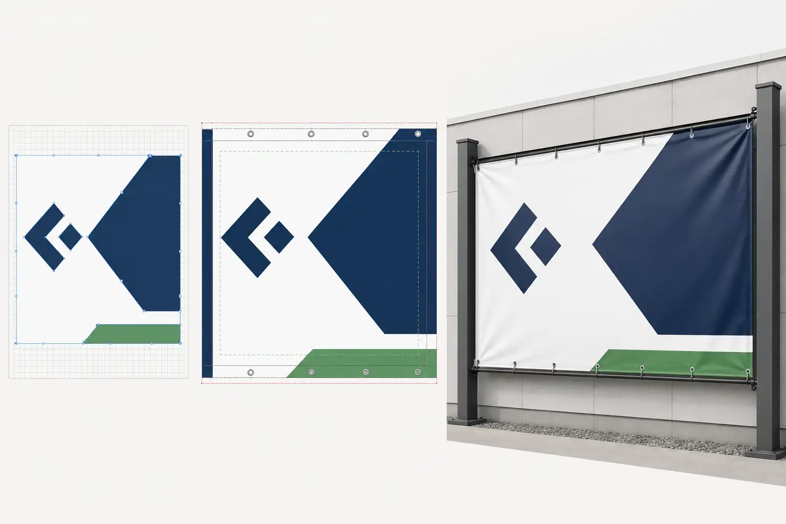 A large-format banner layout with bleed, safe margin, hem, and grommet marks A large-format banner layout with bleed, safe margin, hem, and grommet marks