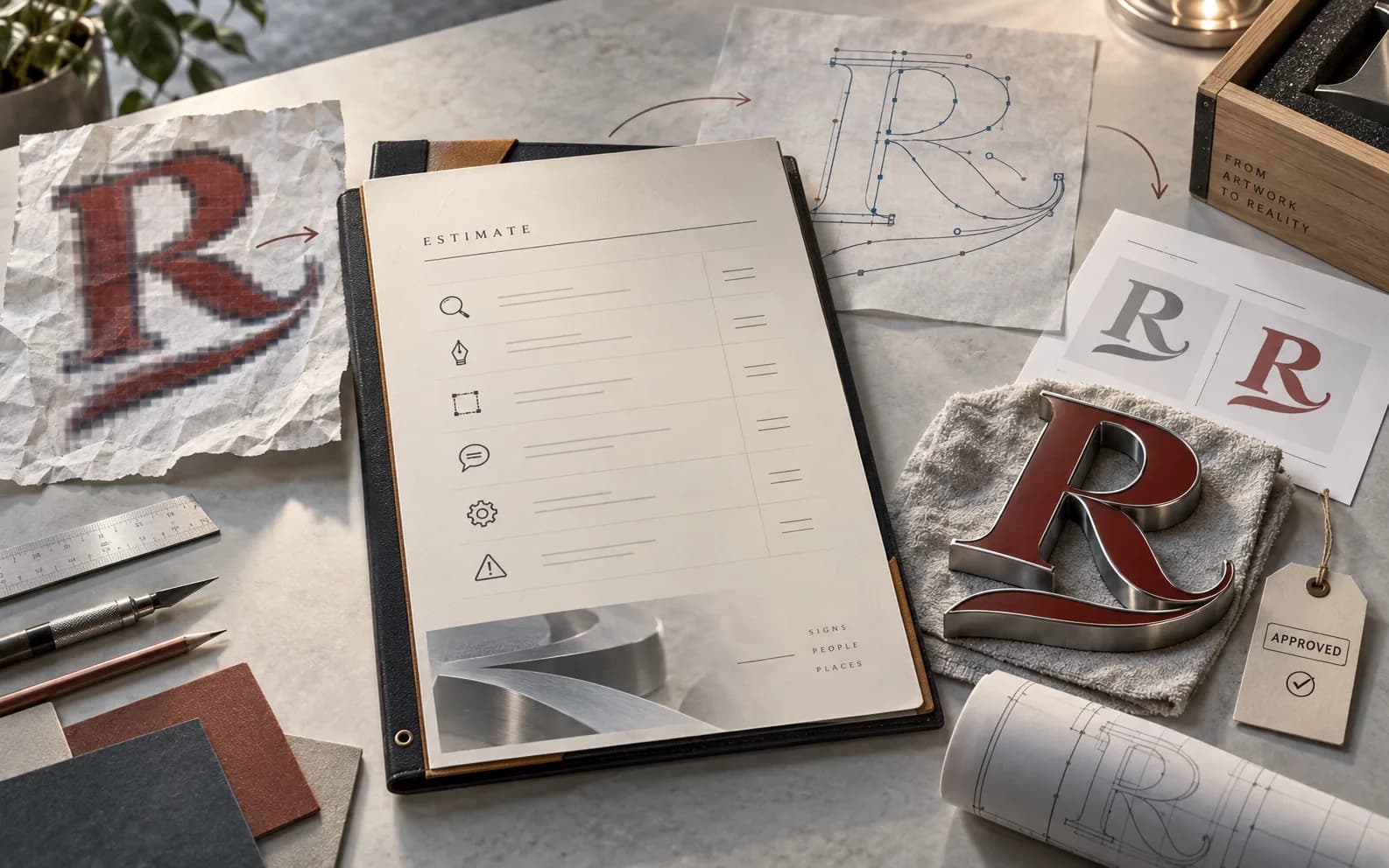 Sign shop estimator reviewing a low-resolution client logo screenshot next to a monument sign quote and CNC cut paths Sign shop estimator reviewing a low-resolution client logo screenshot next to a monument sign quote and CNC cut paths