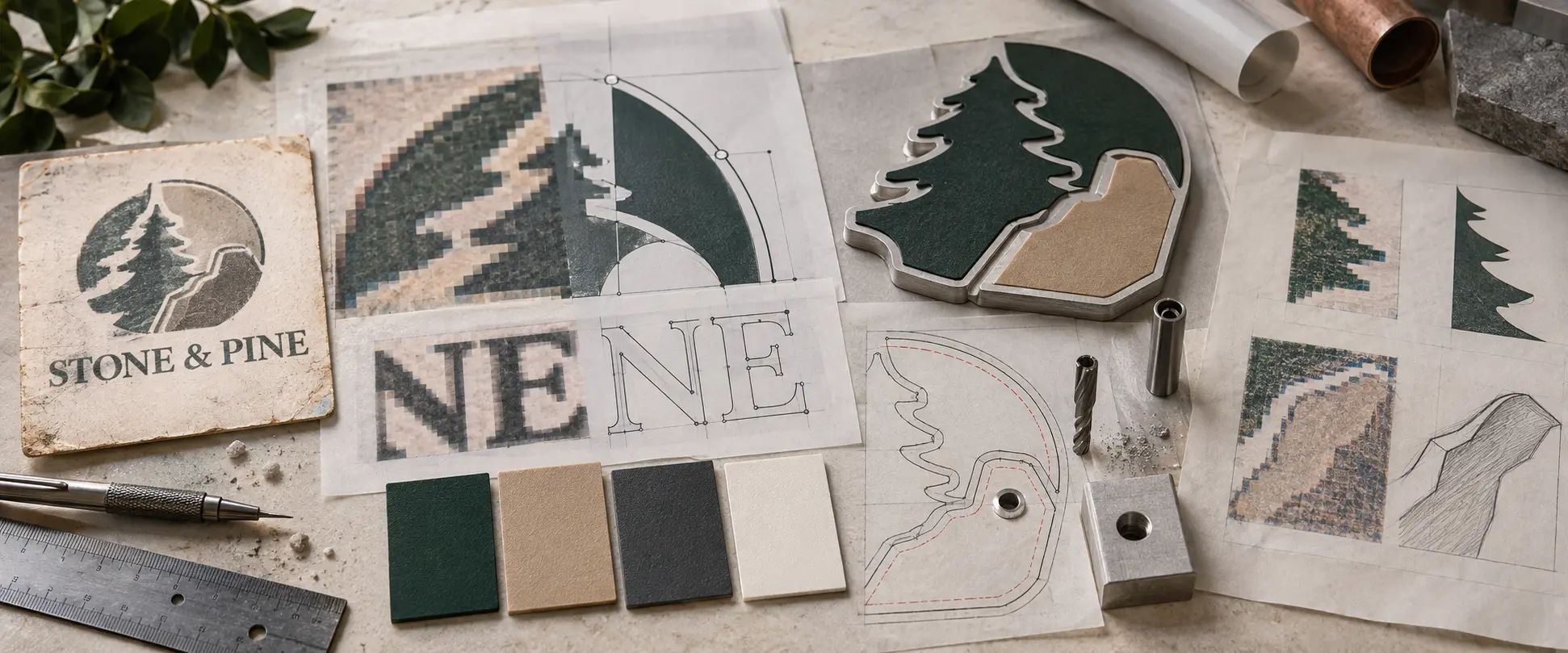 A pixelated client logo beside vector paths, CNC-cut pieces, outlined type, and material swatches A pixelated client logo beside vector paths, CNC-cut pieces, outlined type, and material swatches