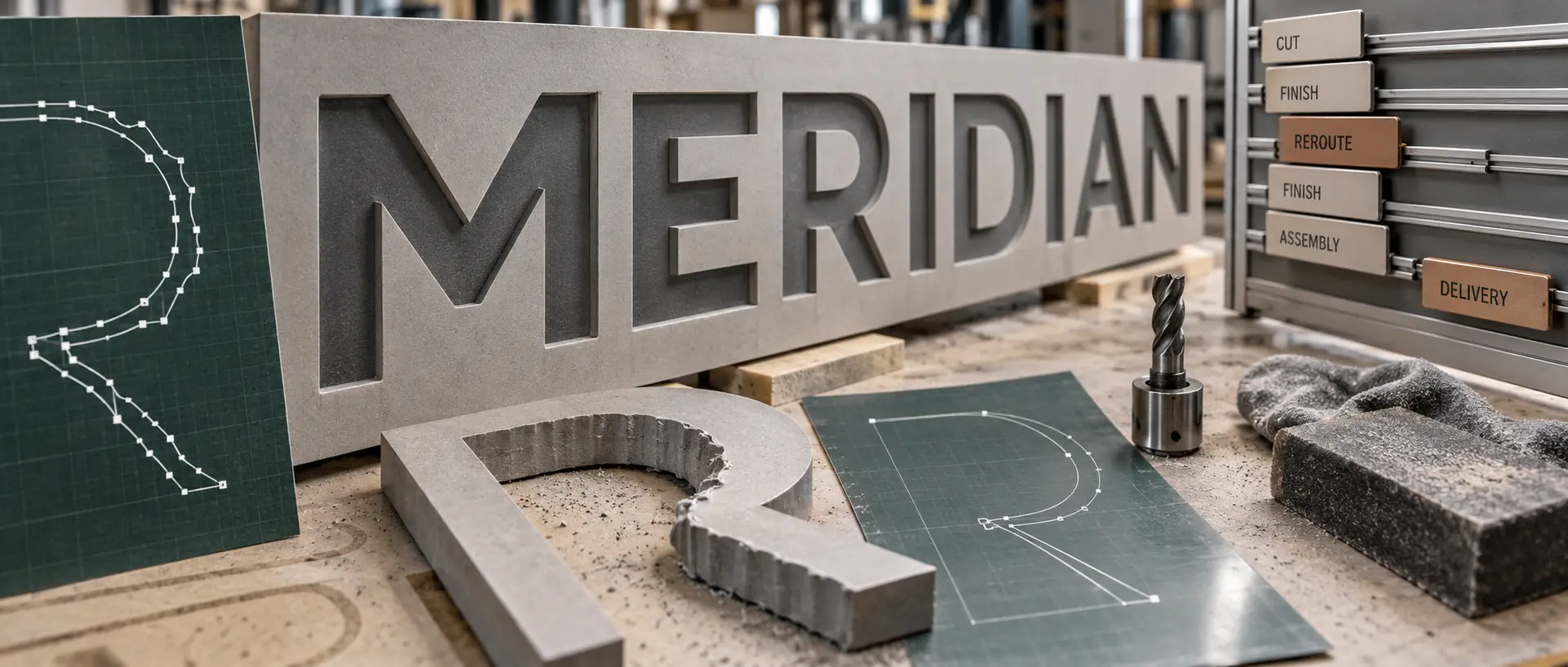 A routed MERIDIAN panel beside a stair-stepped letter R, a clean vector path, and a reroute schedule board A routed MERIDIAN panel beside a stair-stepped letter R, a clean vector path, and a reroute schedule board