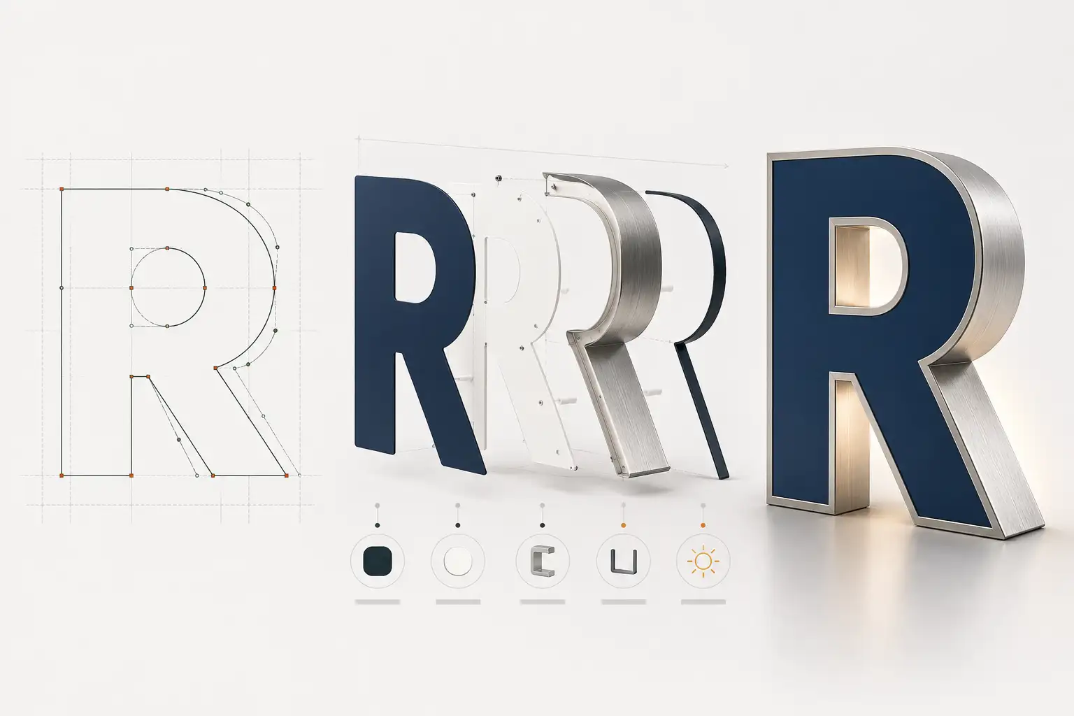 Channel letters shown as clean vector outlines beside routed and formed metal letters Channel letters shown as clean vector outlines beside routed and formed metal letters
