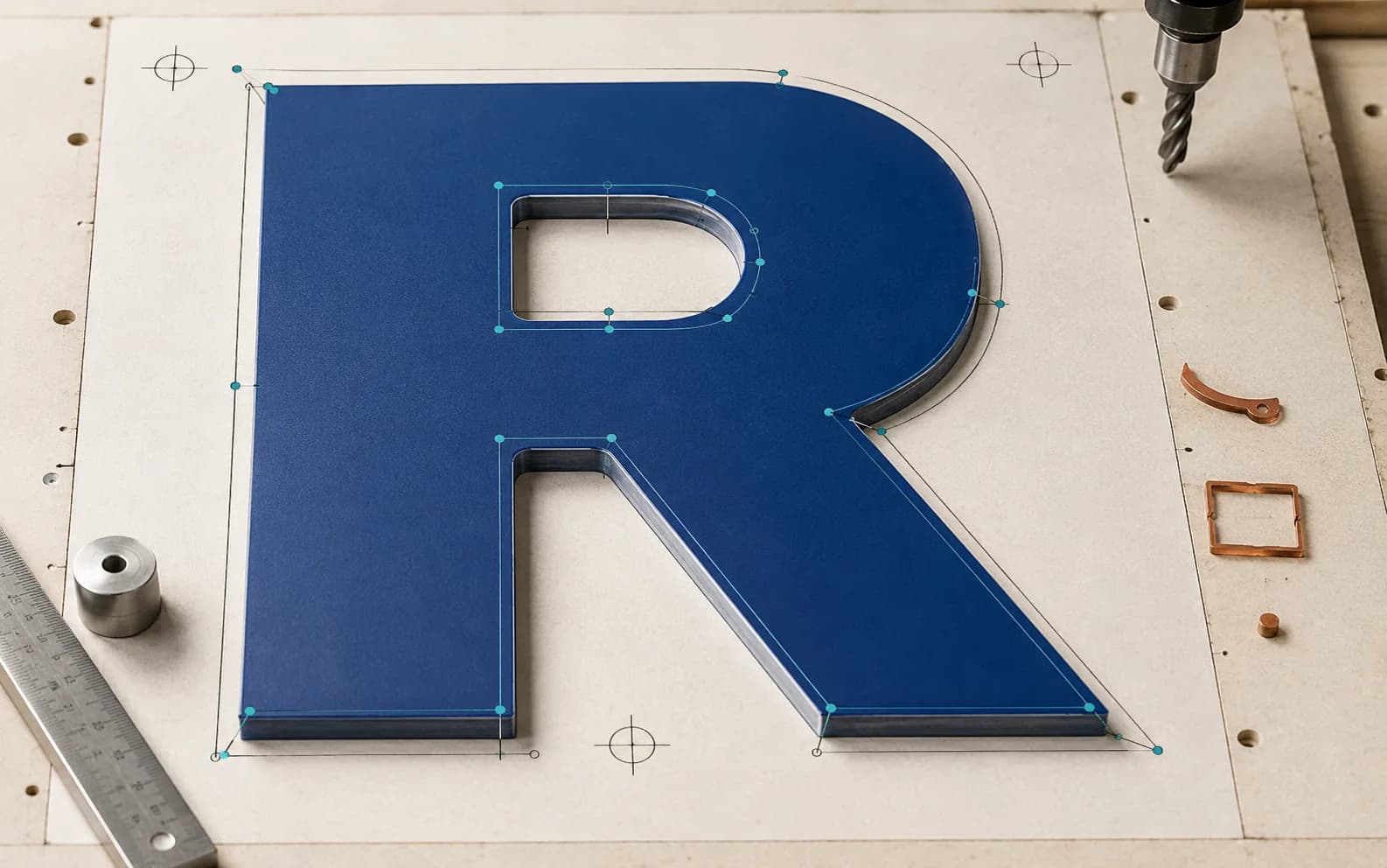 Blue channel letter R cut from one closed vector outline, with its counter as a compound path, on a router bed Blue channel letter R cut from one closed vector outline, with its counter as a compound path, on a router bed