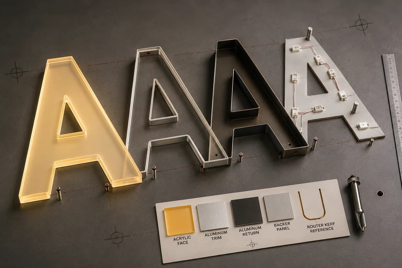 Channel letter A shown as acrylic face, aluminum trim, aluminum return and LED backer, with labeled material swatches Channel letter A shown as acrylic face, aluminum trim, aluminum return and LED backer, with labeled material swatches