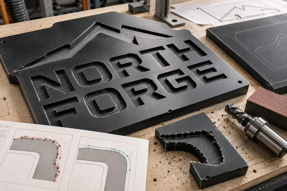 Painel North Forge cortado em CNC na bancada, ao lado de um desenho vetorial, uma amostra de corte bruto e uma fresa Painel North Forge cortado em CNC na bancada, ao lado de um desenho vetorial, uma amostra de corte bruto e uma fresa