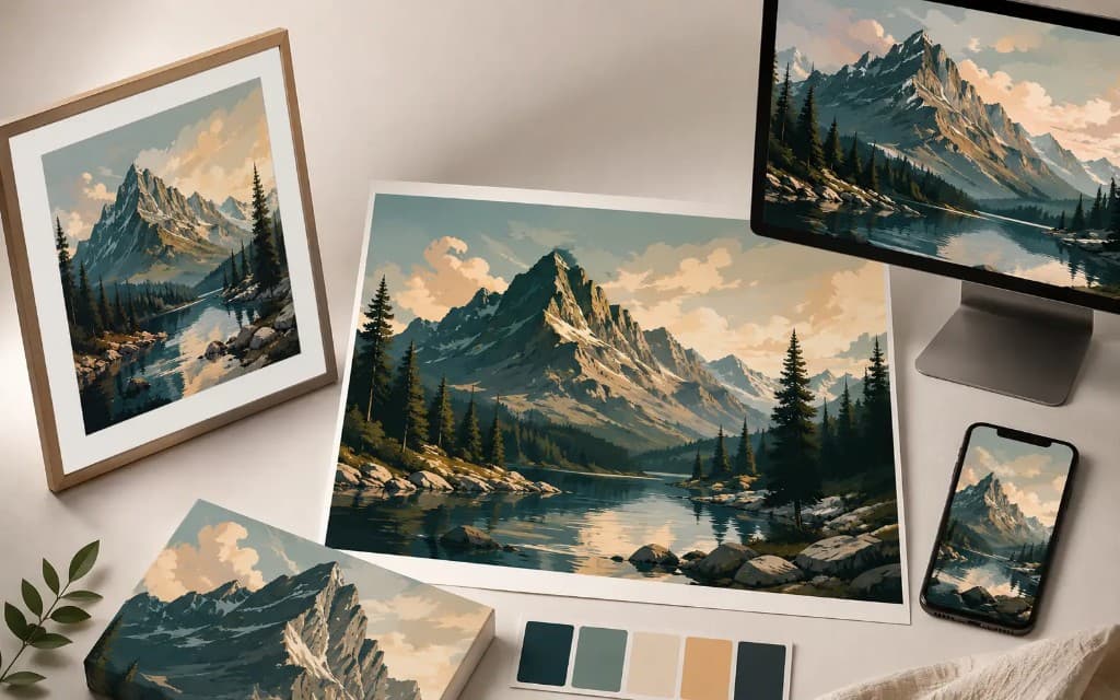 One digital landscape shown as framed print, paper print, monitor display, phone wallpaper, and canvas One digital landscape shown as framed print, paper print, monitor display, phone wallpaper, and canvas