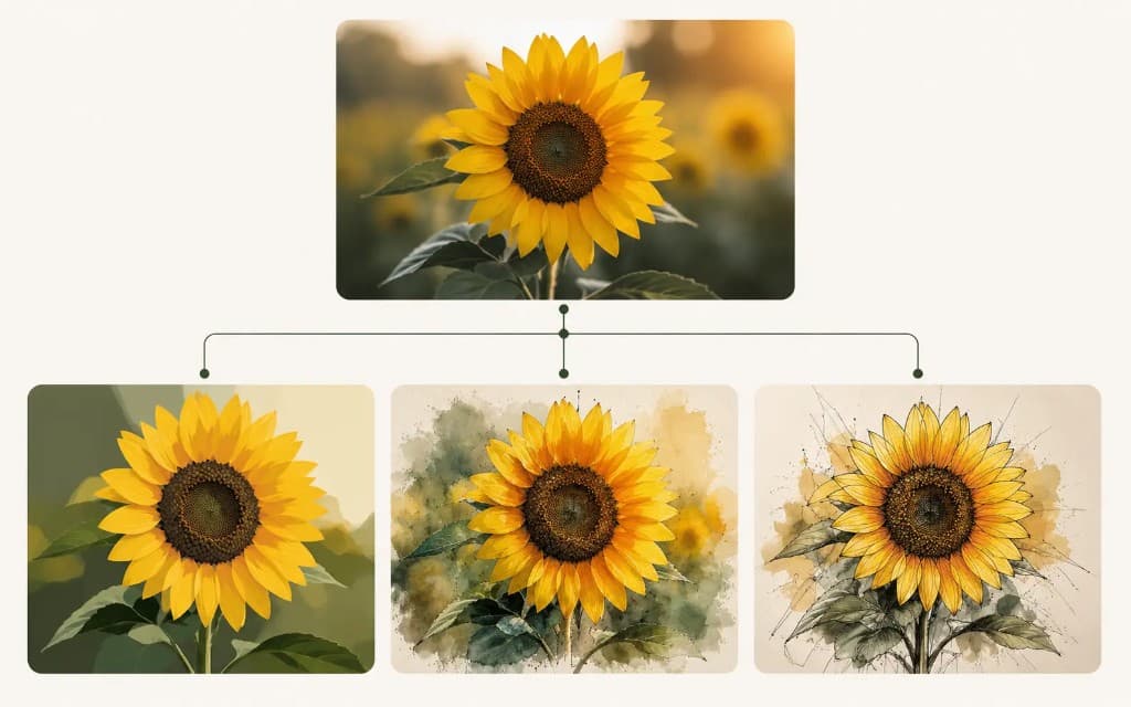 One sunflower photo branching into vector, watercolor, and sketch digital art styles One sunflower photo branching into vector, watercolor, and sketch digital art styles
