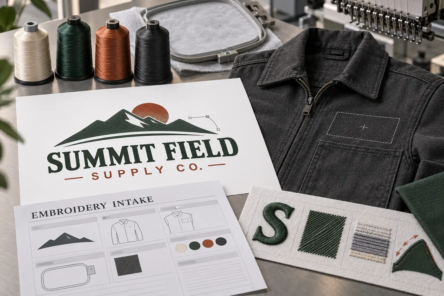 Embroidery artwork preparation — clean logo intake next to digitizing and stitch-ready output Embroidery artwork preparation — clean logo intake next to digitizing and stitch-ready output