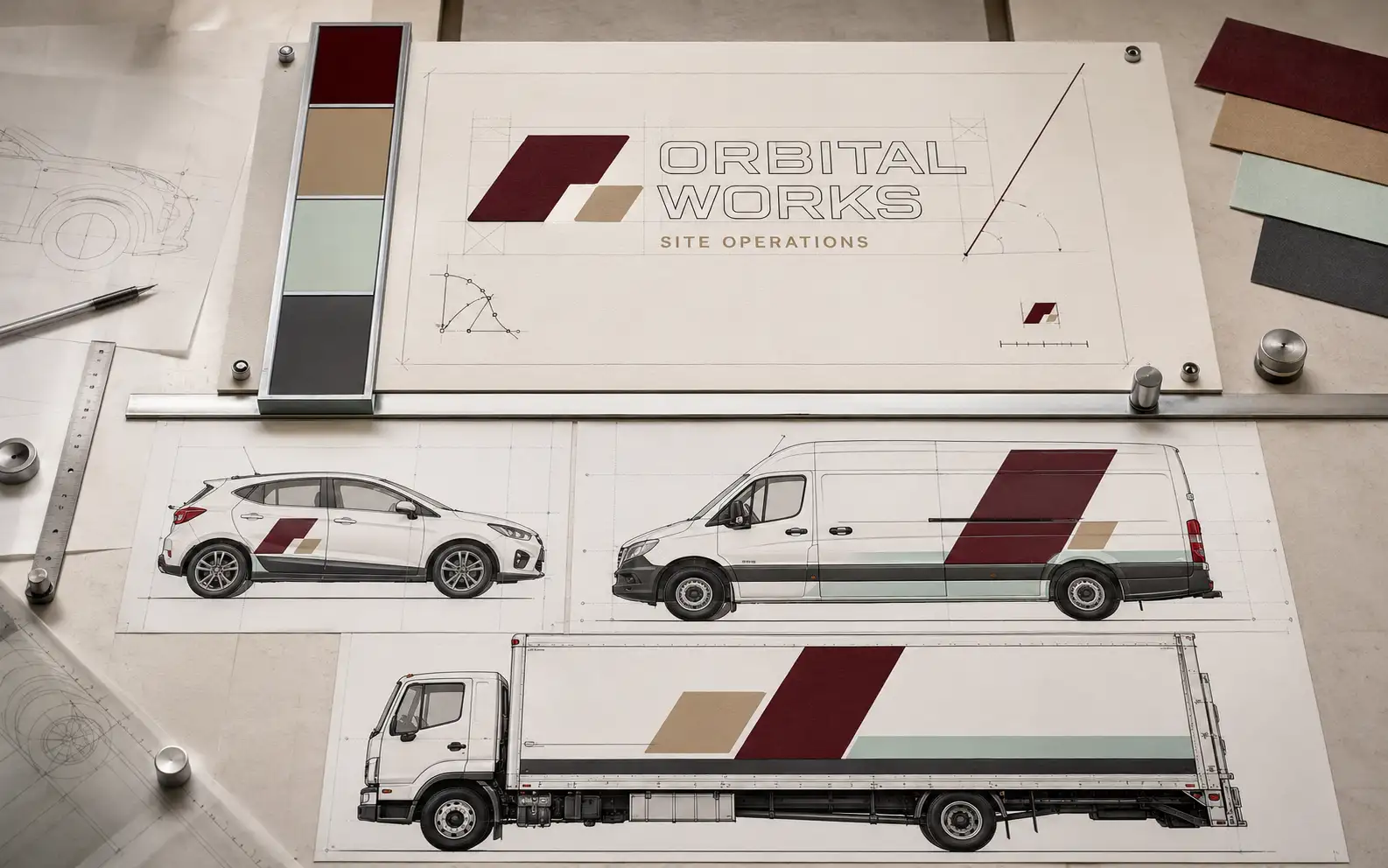 A master brand system — logo, color swatches, and the same layout adapted across a car, van, and box truck A master brand system — logo, color swatches, and the same layout adapted across a car, van, and box truck