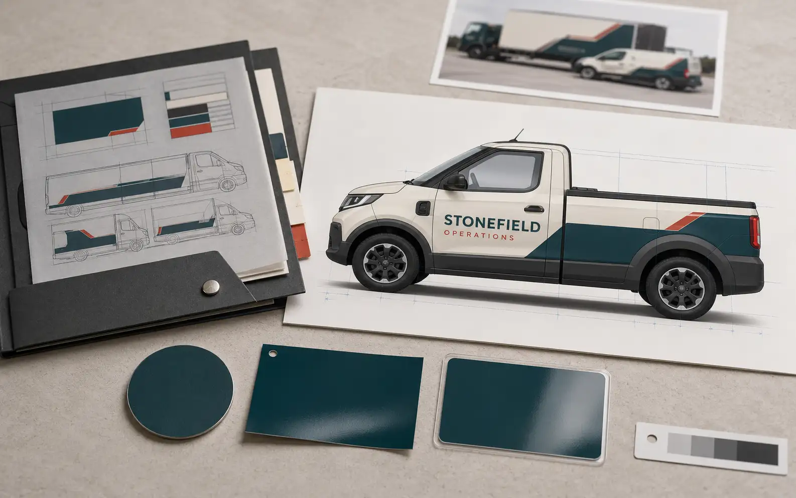 Fleet wrap layout beside physical color swatches and a photo of matching wrapped vehicles Fleet wrap layout beside physical color swatches and a photo of matching wrapped vehicles