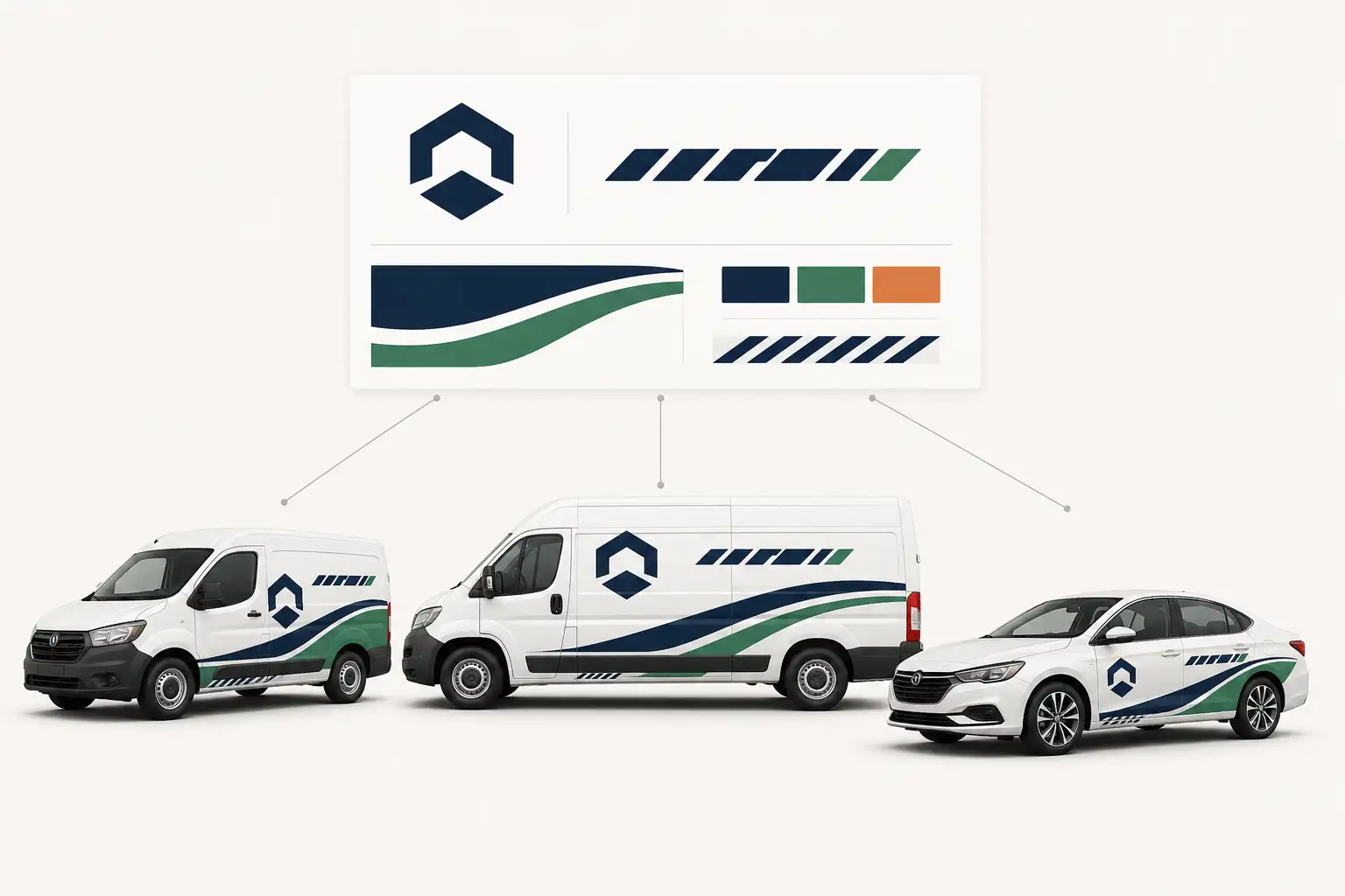 A fleet of different vehicles wrapped in one consistent brand system A fleet of different vehicles wrapped in one consistent brand system