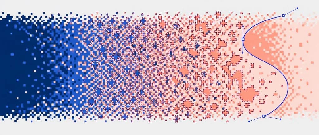 Des pixels bleus se dissolvent en points orange de dithering, et une courbe bleu marine à ancres suit la limite Des pixels bleus se dissolvent en points orange de dithering, et une courbe bleu marine à ancres suit la limite