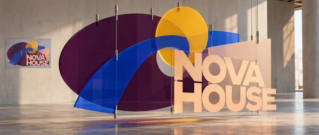 Des lettres dépolies NOVA HOUSE pendent avec des formes violettes, bleues et jaunes, à côté d’une affiche en points du même signe Des lettres dépolies NOVA HOUSE pendent avec des formes violettes, bleues et jaunes, à côté d’une affiche en points du même signe