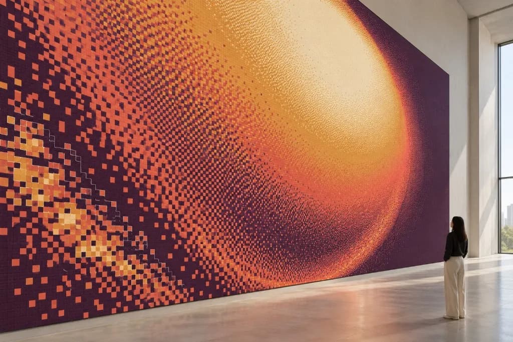 Une personne dans une galerie regarde un mur de carrés orange et jaunes qui forment une planète lumineuse sur violet Une personne dans une galerie regarde un mur de carrés orange et jaunes qui forment une planète lumineuse sur violet