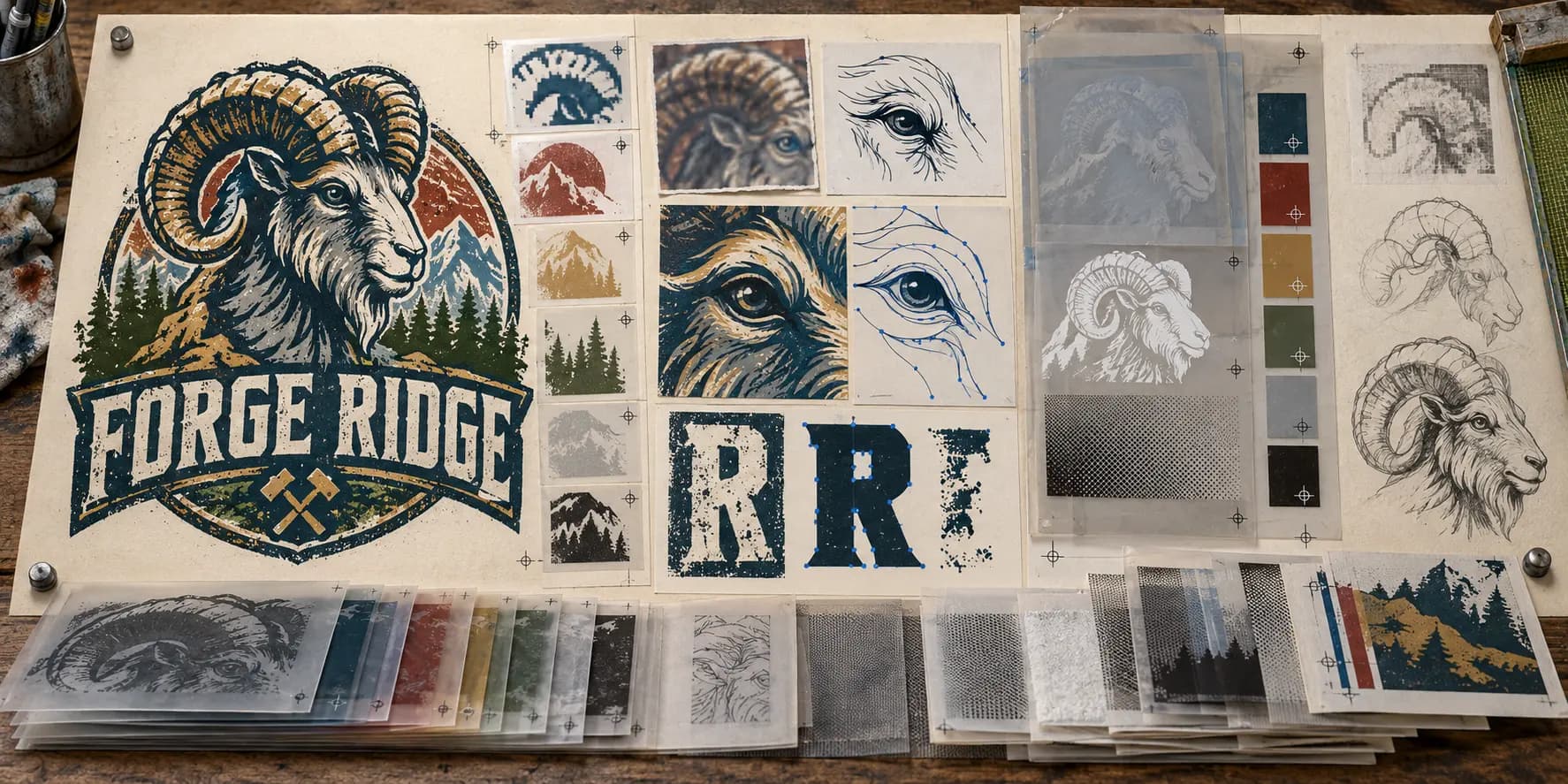 A ram mascot cleanup board with sketches, color separations, type, and screen films A ram mascot cleanup board with sketches, color separations, type, and screen films