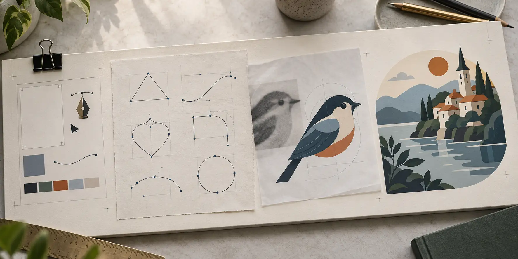 Pen-tool drills, bezier shapes, a traced bird, and a finished landscape illustration Pen-tool drills, bezier shapes, a traced bird, and a finished landscape illustration