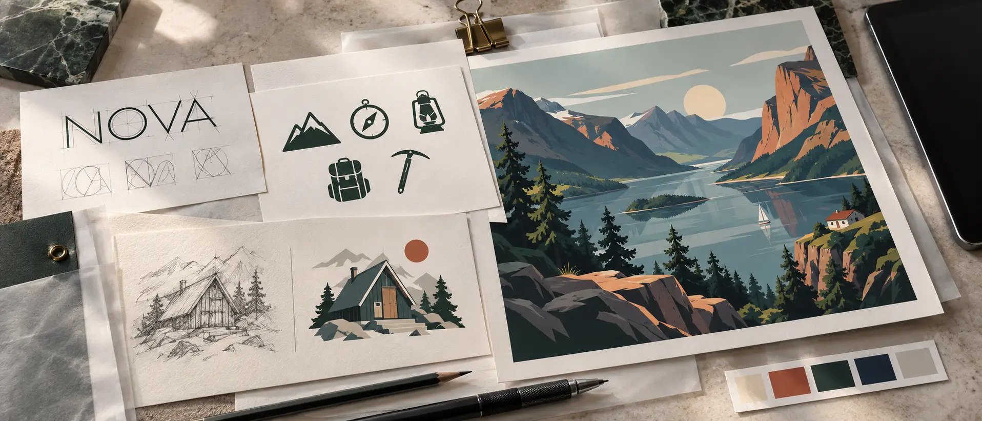 Original beginner work: a wordmark, a five-icon set, a cabin sketch redrawn as vector, and a finished landscape Original beginner work: a wordmark, a five-icon set, a cabin sketch redrawn as vector, and a finished landscape