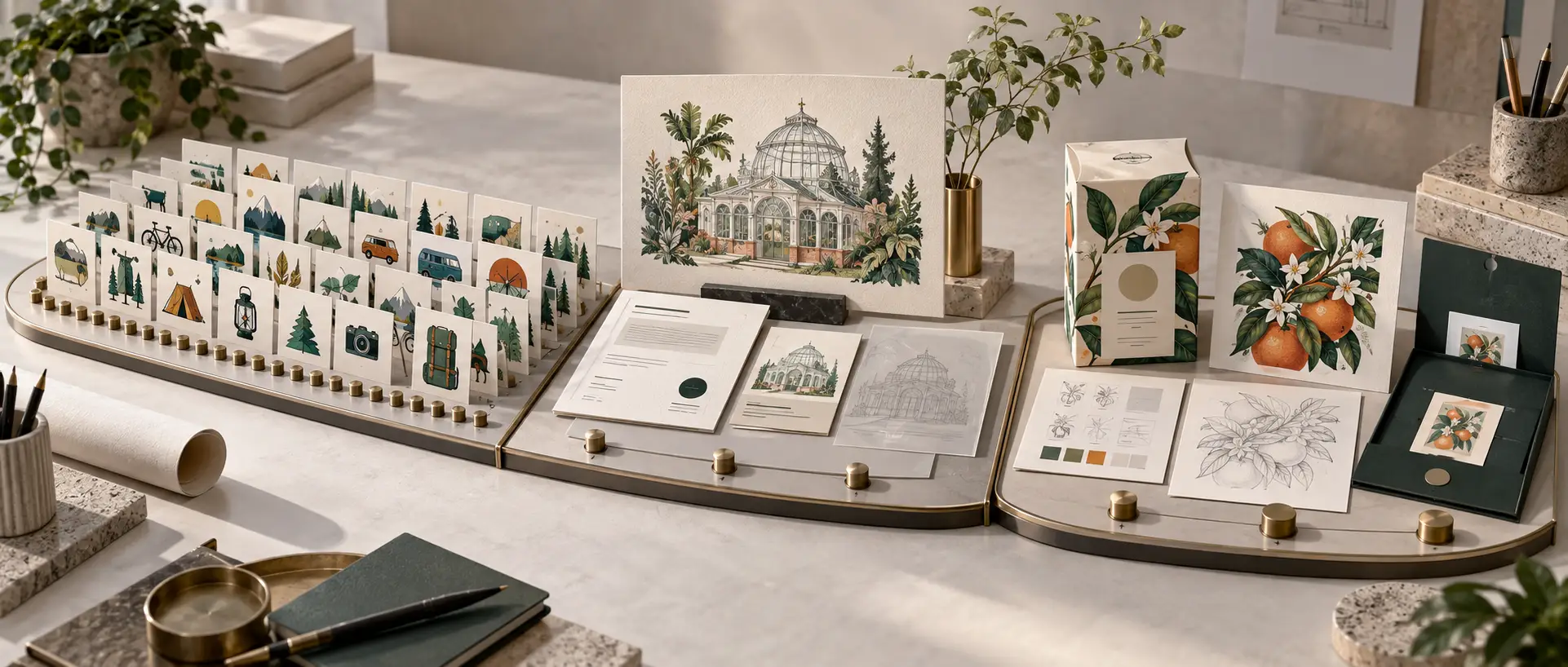 A studio table of sellable vector products: icon cards, a botanical print, and packaged orange-blossom art A studio table of sellable vector products: icon cards, a botanical print, and packaged orange-blossom art