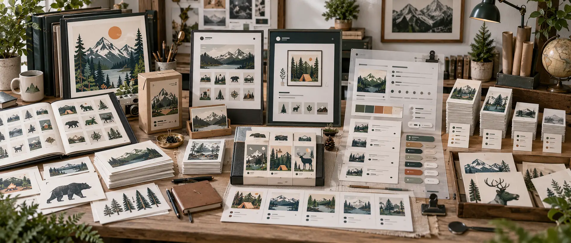 A vector artist's outdoor-themed shop laid out as prints, icon sets, palettes, and listing cards A vector artist's outdoor-themed shop laid out as prints, icon sets, palettes, and listing cards