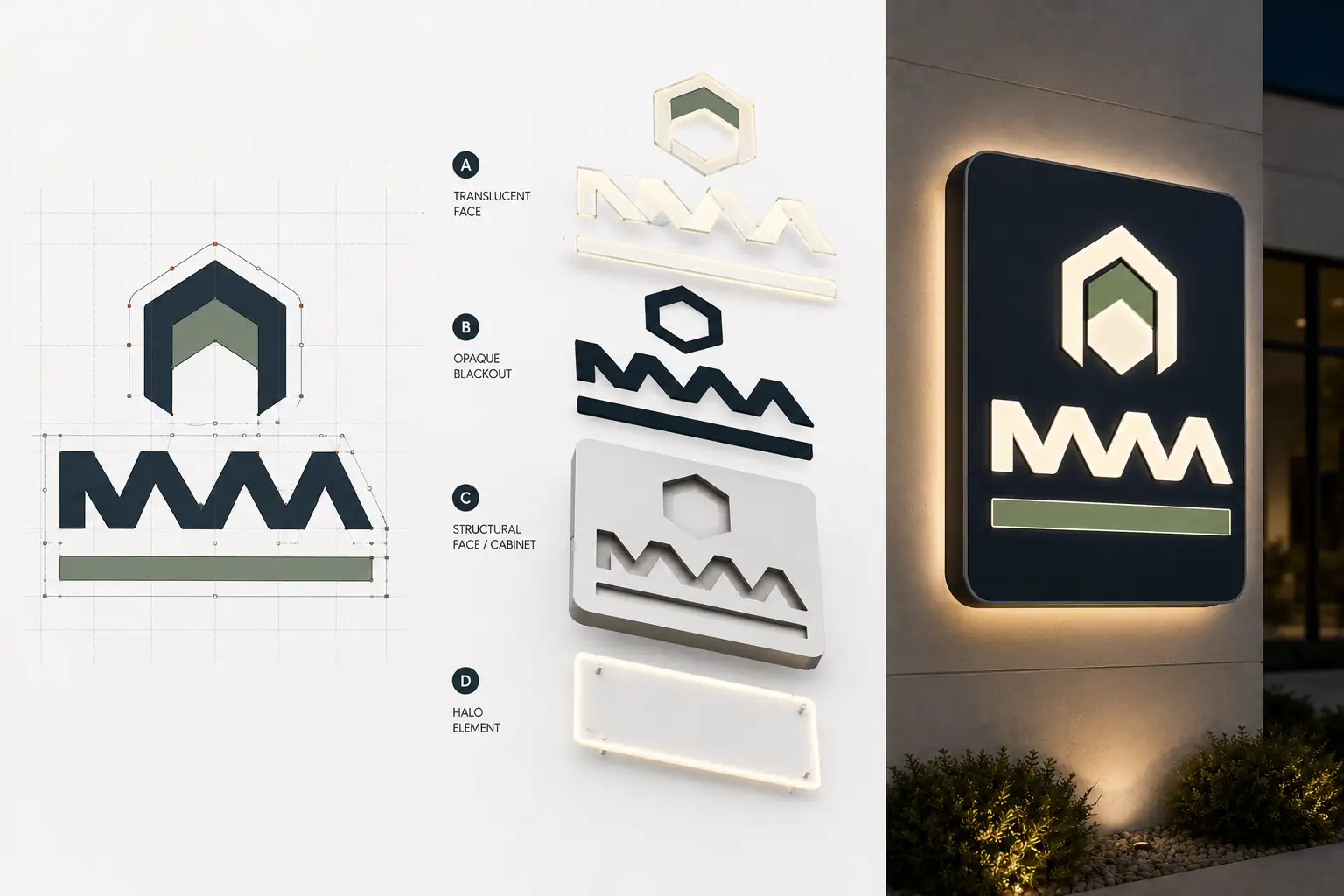 A lightbox sign face showing separated translucent copy and opaque blockout areas A lightbox sign face showing separated translucent copy and opaque blockout areas