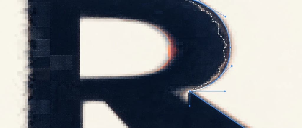 Nahaufnahme eines verpixelten R mit weichem grauem JPEG-Hof und einer blauen Vektorkurve mit Ankerpunkten auf der Kante Nahaufnahme eines verpixelten R mit weichem grauem JPEG-Hof und einer blauen Vektorkurve mit Ankerpunkten auf der Kante