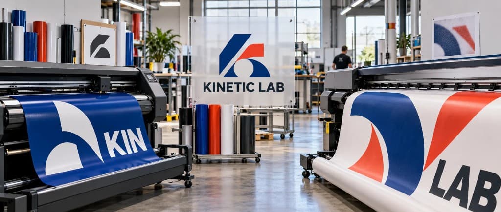 Zwei Großformatdrucker drucken ein Logo groß auf Vinyl, KIN und LAB, neben einem kleineren Schild des ganzen Zeichens Zwei Großformatdrucker drucken ein Logo groß auf Vinyl, KIN und LAB, neben einem kleineren Schild des ganzen Zeichens