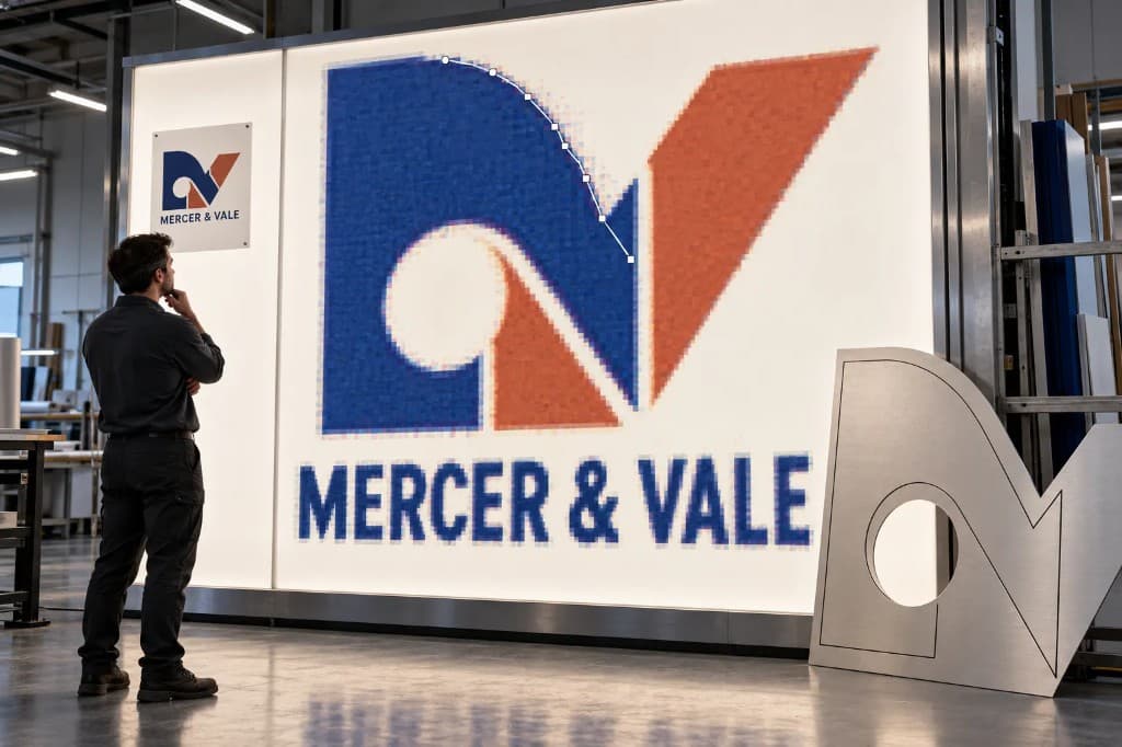 Ein Schildermacher vor einem verpixelten Leuchtkasten-Logo, daneben ein sauber geschnittener Metallbuchstabe desselben Zeichens Ein Schildermacher vor einem verpixelten Leuchtkasten-Logo, daneben ein sauber geschnittener Metallbuchstabe desselben Zeichens