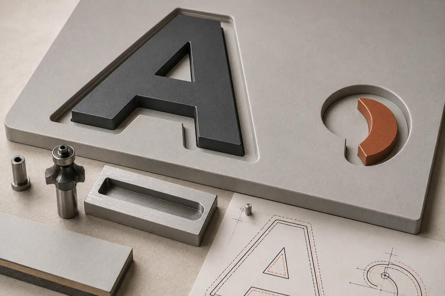 A routed letter seated in a precision cutout beside a router bit and a construction drawing A routed letter seated in a precision cutout beside a router bit and a construction drawing