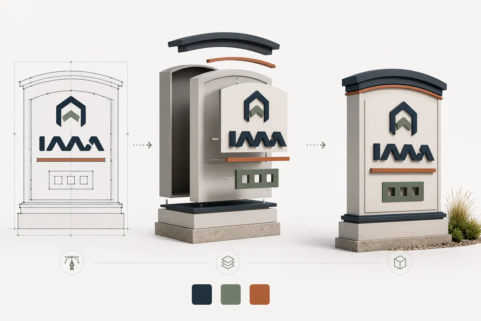 A monument sign shown as layered vector art beside the fabricated dimensional sign A monument sign shown as layered vector art beside the fabricated dimensional sign