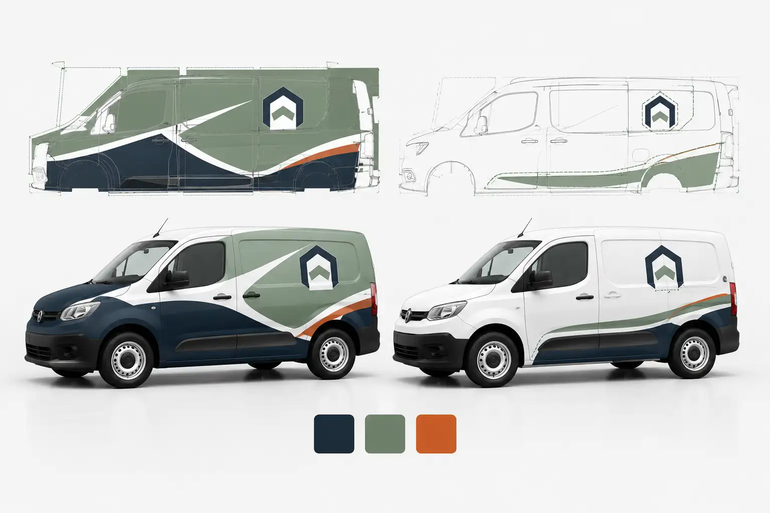 A full-panel wrap layout beside a partial wrap of cut graphics over factory paint A full-panel wrap layout beside a partial wrap of cut graphics over factory paint