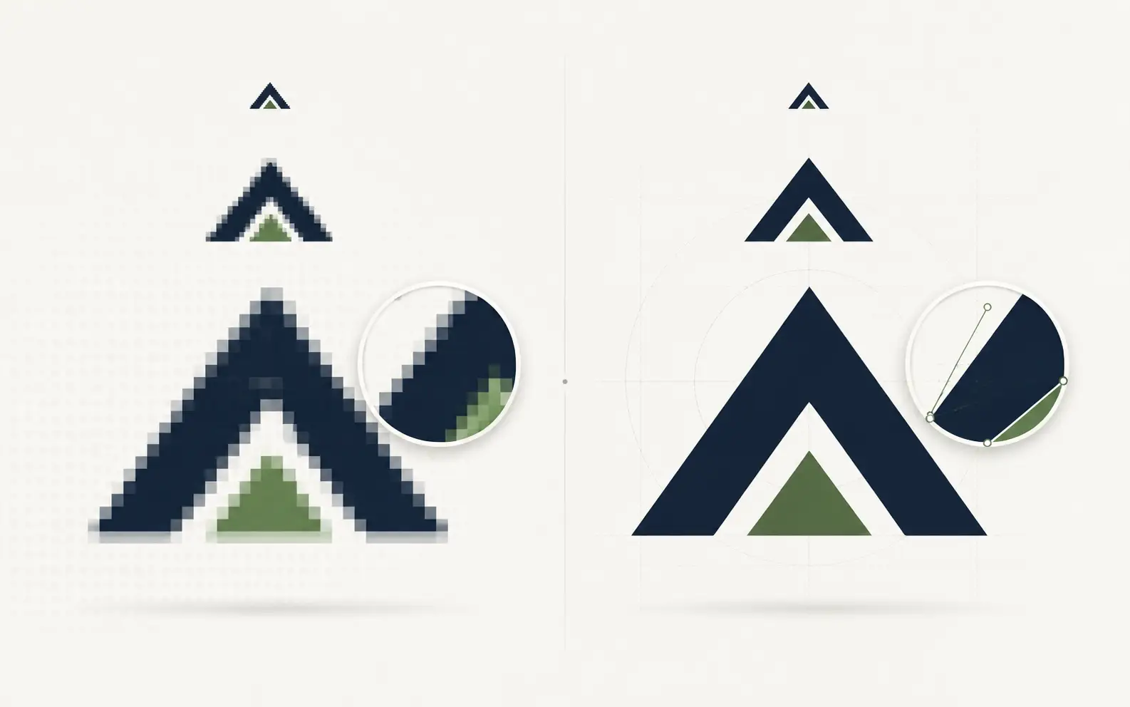 Same logo enlarged — raster pixelates while vector stays sharp Same logo enlarged — raster pixelates while vector stays sharp