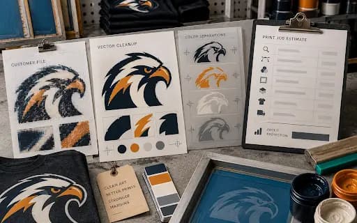 Screen-print shop desk with a rough customer eagle logo, cleaned vector art, color separations, and a print job estimate Screen-print shop desk with a rough customer eagle logo, cleaned vector art, color separations, and a print job estimate