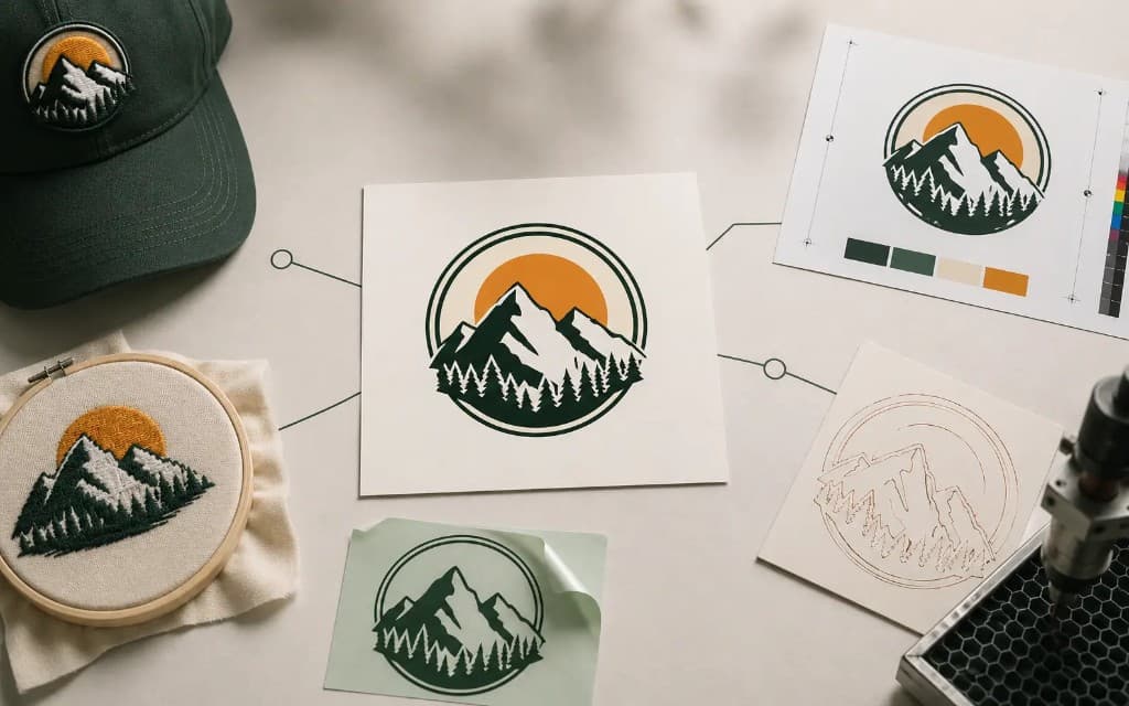 One logo shown across embroidery, print proof, laser engraving, vinyl decal, and stitch-out One logo shown across embroidery, print proof, laser engraving, vinyl decal, and stitch-out