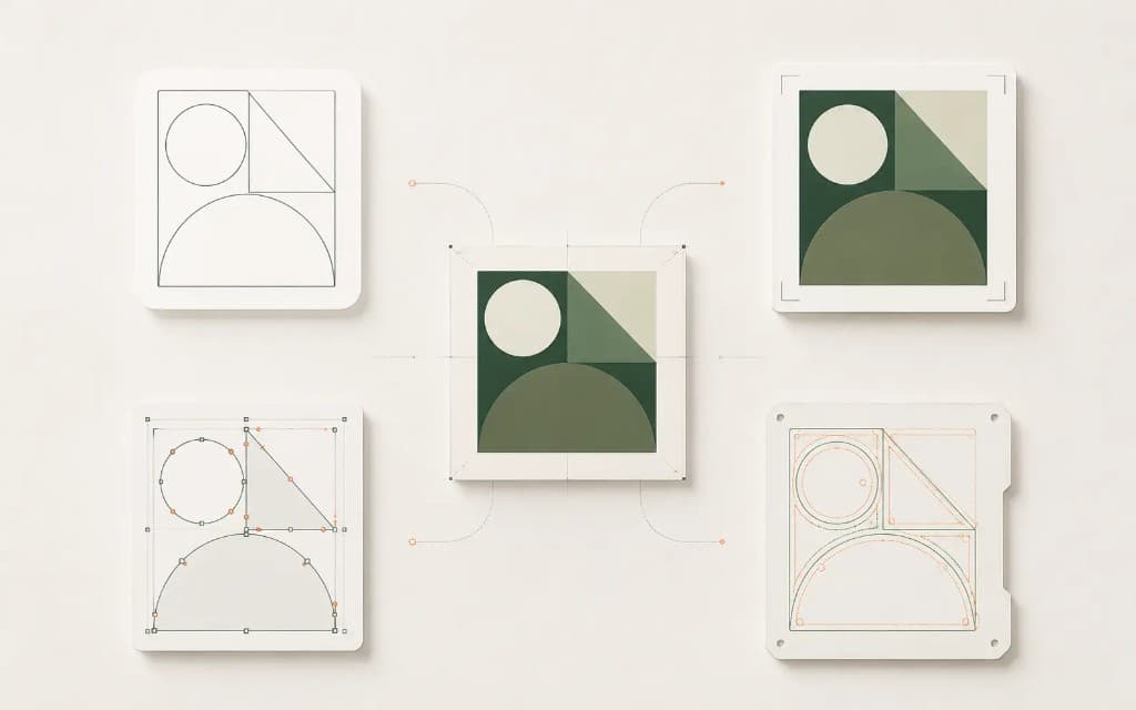 Five views of the same vector graphic: outline, print with crop marks, editable paths, and machine-ready technical art Five views of the same vector graphic: outline, print with crop marks, editable paths, and machine-ready technical art