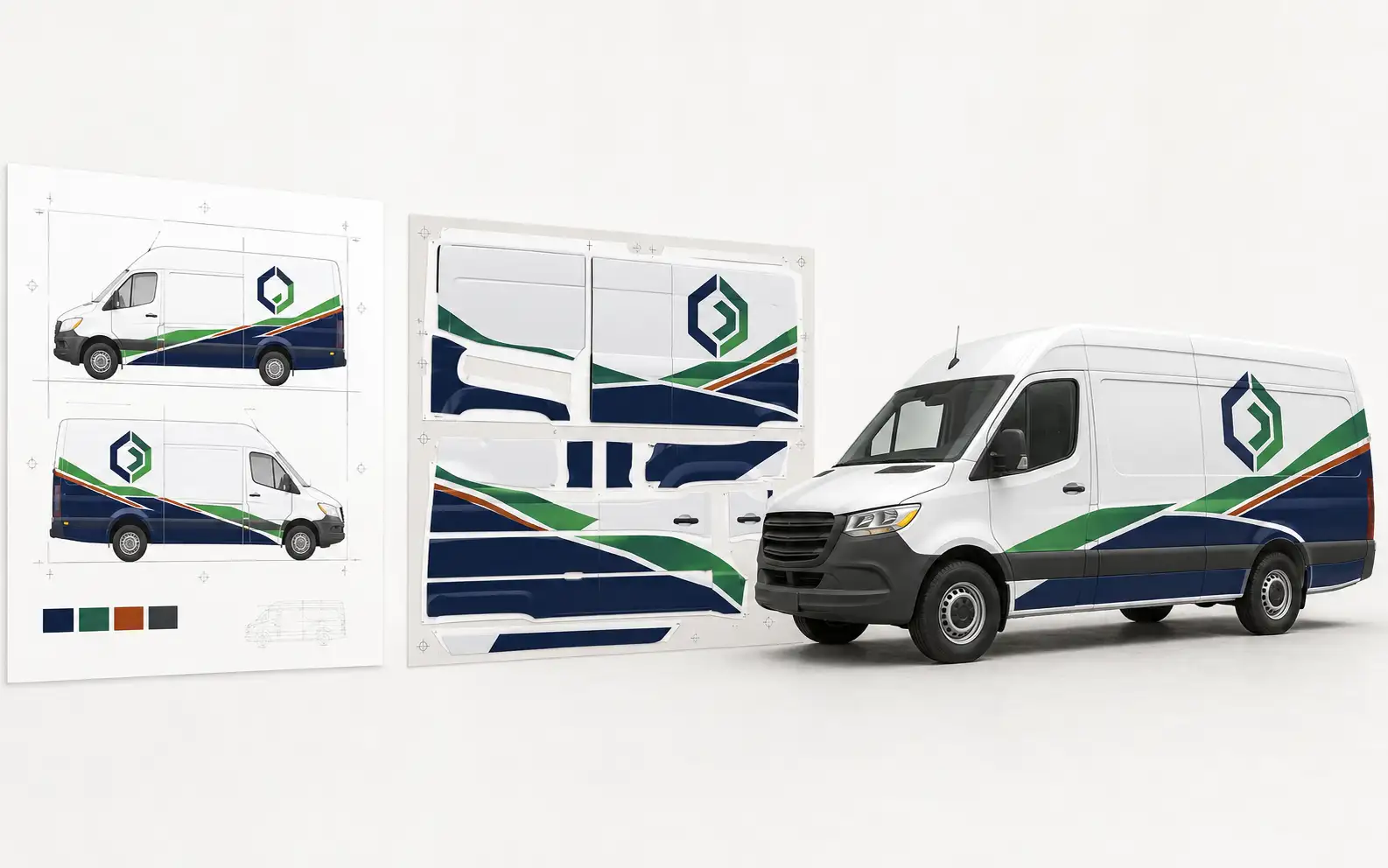 A low-res customer logo rebuilt as clean wrap-scale vector beside the finished panel art A low-res customer logo rebuilt as clean wrap-scale vector beside the finished panel art