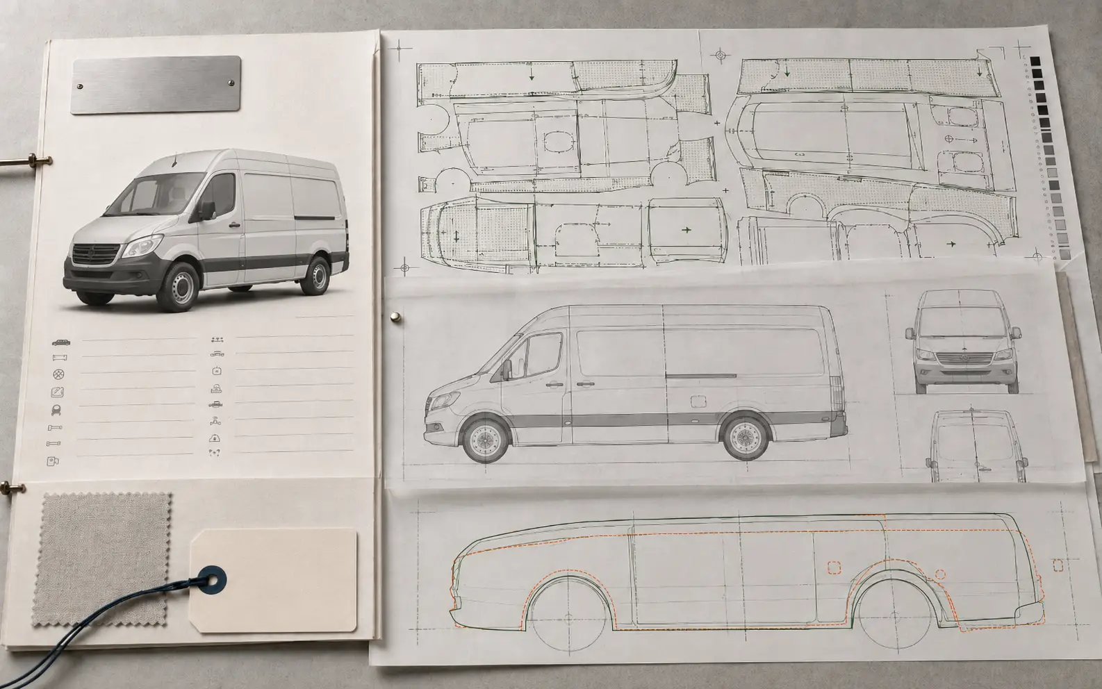 A van photo beside panel-flat templates, elevations, and a side profile with trim marks A van photo beside panel-flat templates, elevations, and a side profile with trim marks