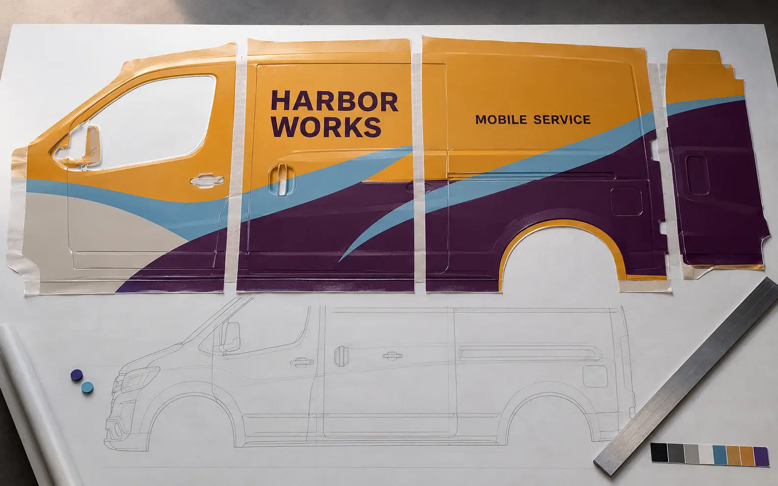 Wrap art panels laid out over a van side-profile template with wheel-well cutouts Wrap art panels laid out over a van side-profile template with wheel-well cutouts