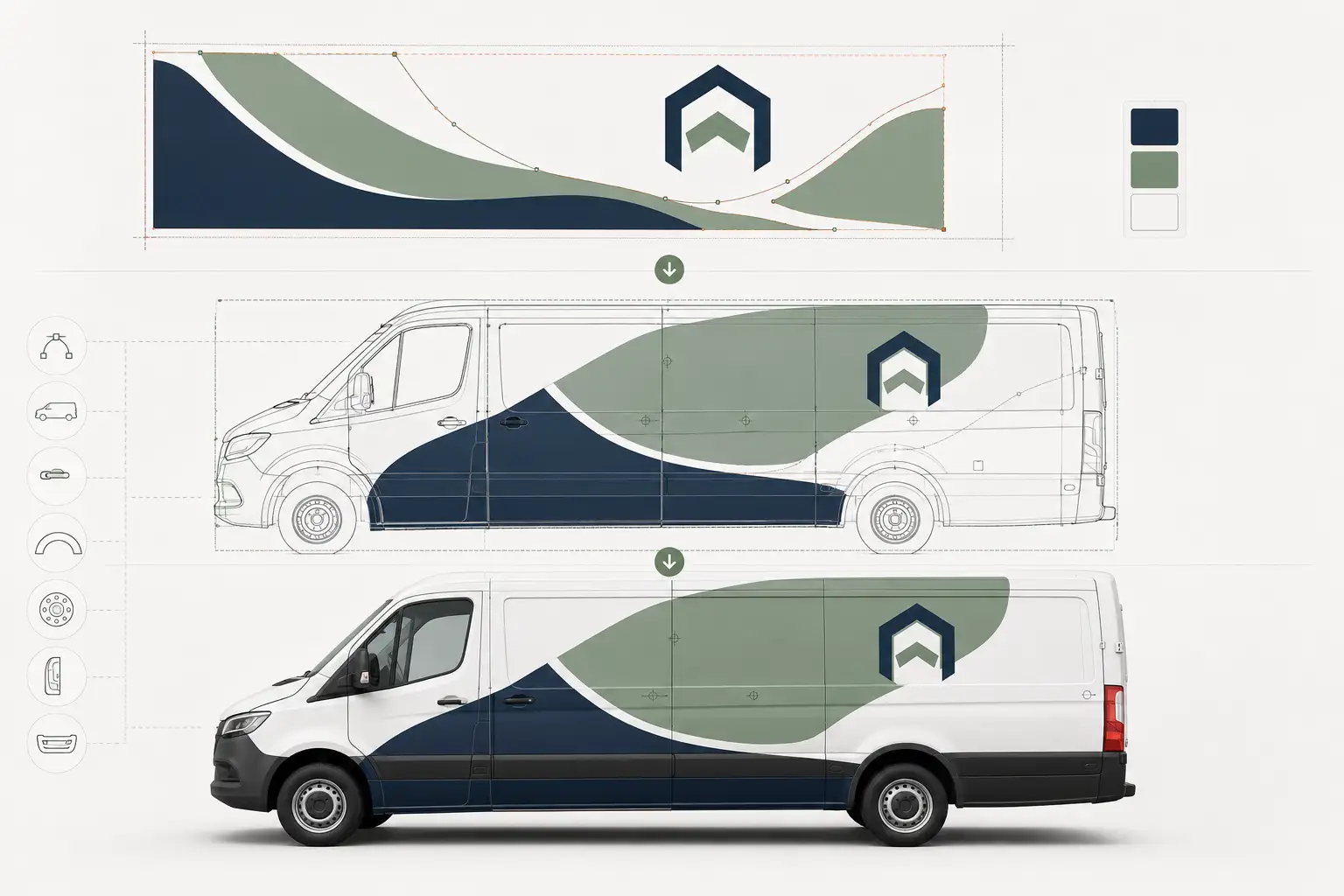 A vehicle wrap template with trim, bleed, and seam lines marked for a specific vehicle A vehicle wrap template with trim, bleed, and seam lines marked for a specific vehicle